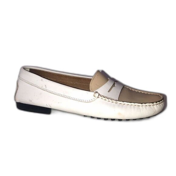 TOD'S Leather Penny Loafers Women's 6.5 White Tan *U shaped Heel* Driving Shoes - Picture 11 of 11